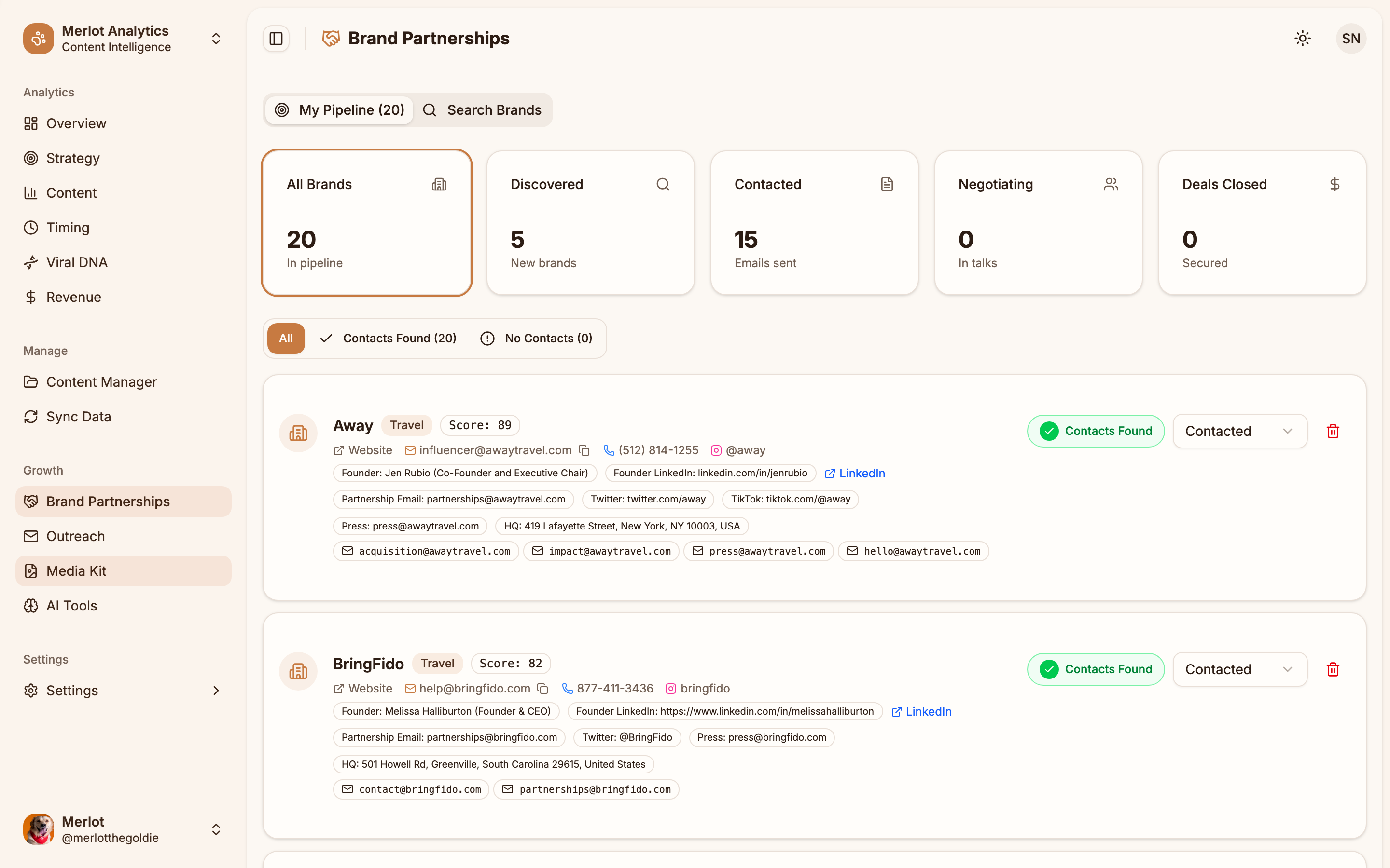 Influo Brand Discovery - AI-powered brand matching with contact info, match scores, and partnership pipeline