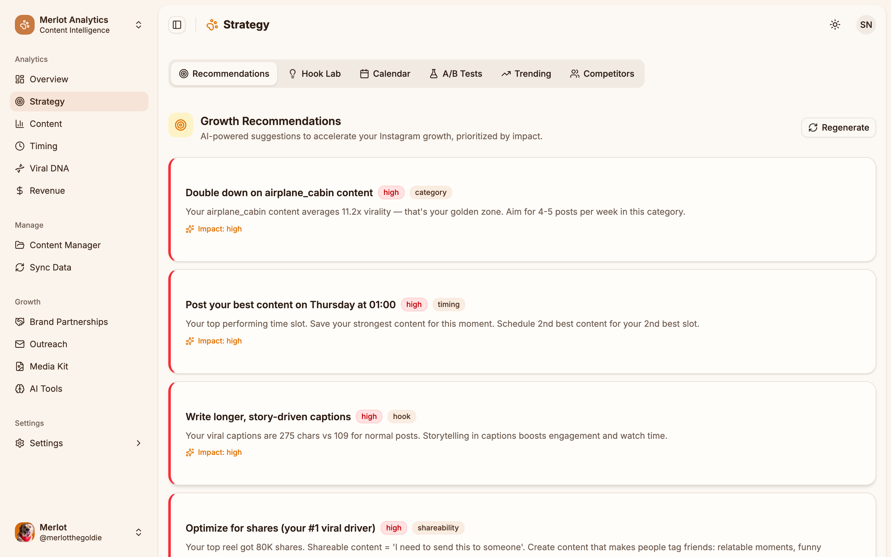 Influo Strategy - AI growth recommendations, hook analysis, content calendar, A/B testing suggestions